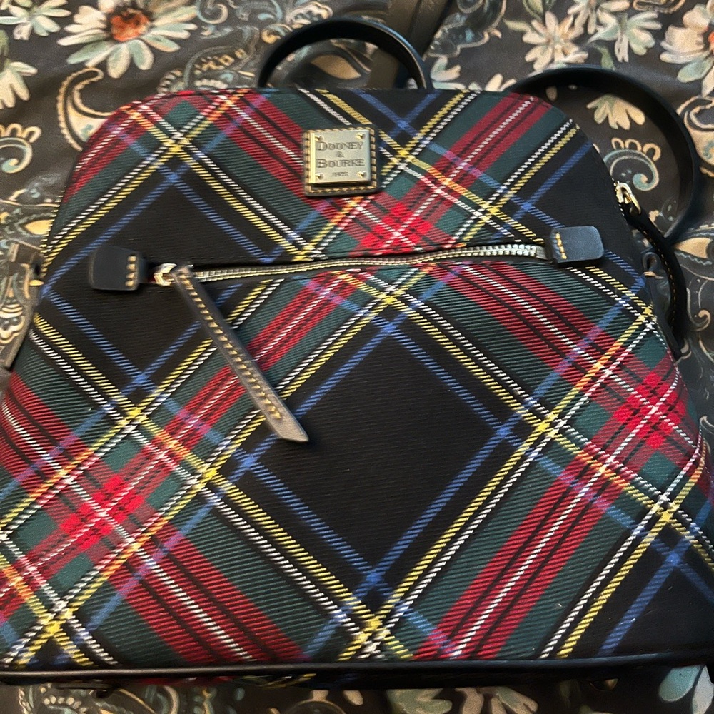 Dooney & Bourke Black Plaid Backpack with Red, Green & Blue Trim